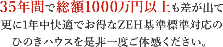35年間で総額1000万円以上も差が出て更に1年中快適でお得なZEH基準標準対応のひのきハウスを是非一度ご体感ください。
